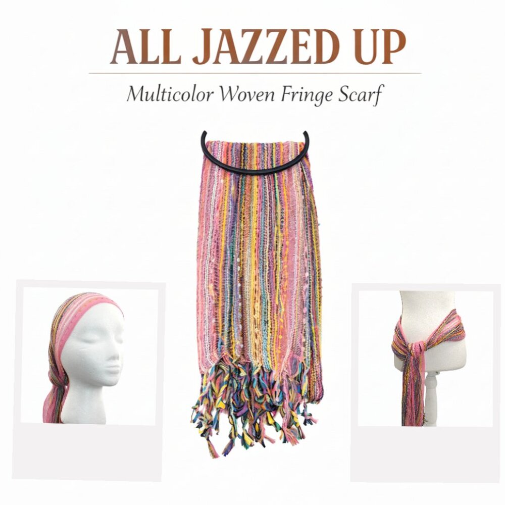 All Jazzed Up Pink Multicolor Woven Coachella Fringe Scarf Wrap Boho Festival